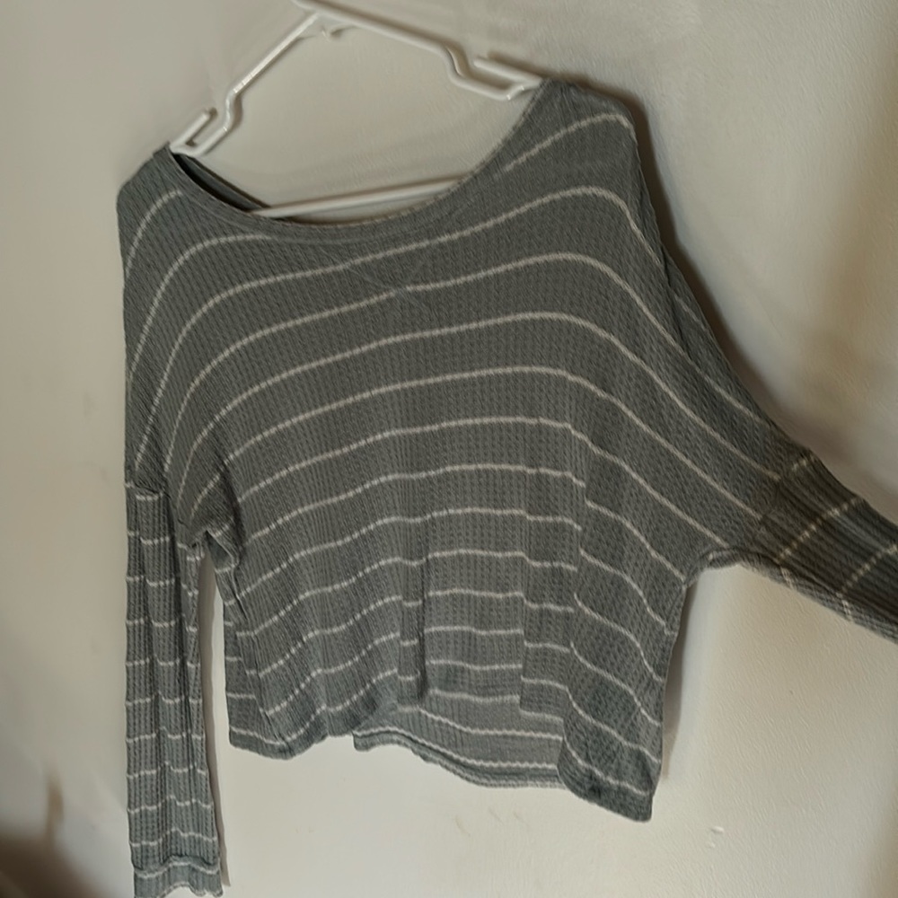 over the shoulder sage green striped top